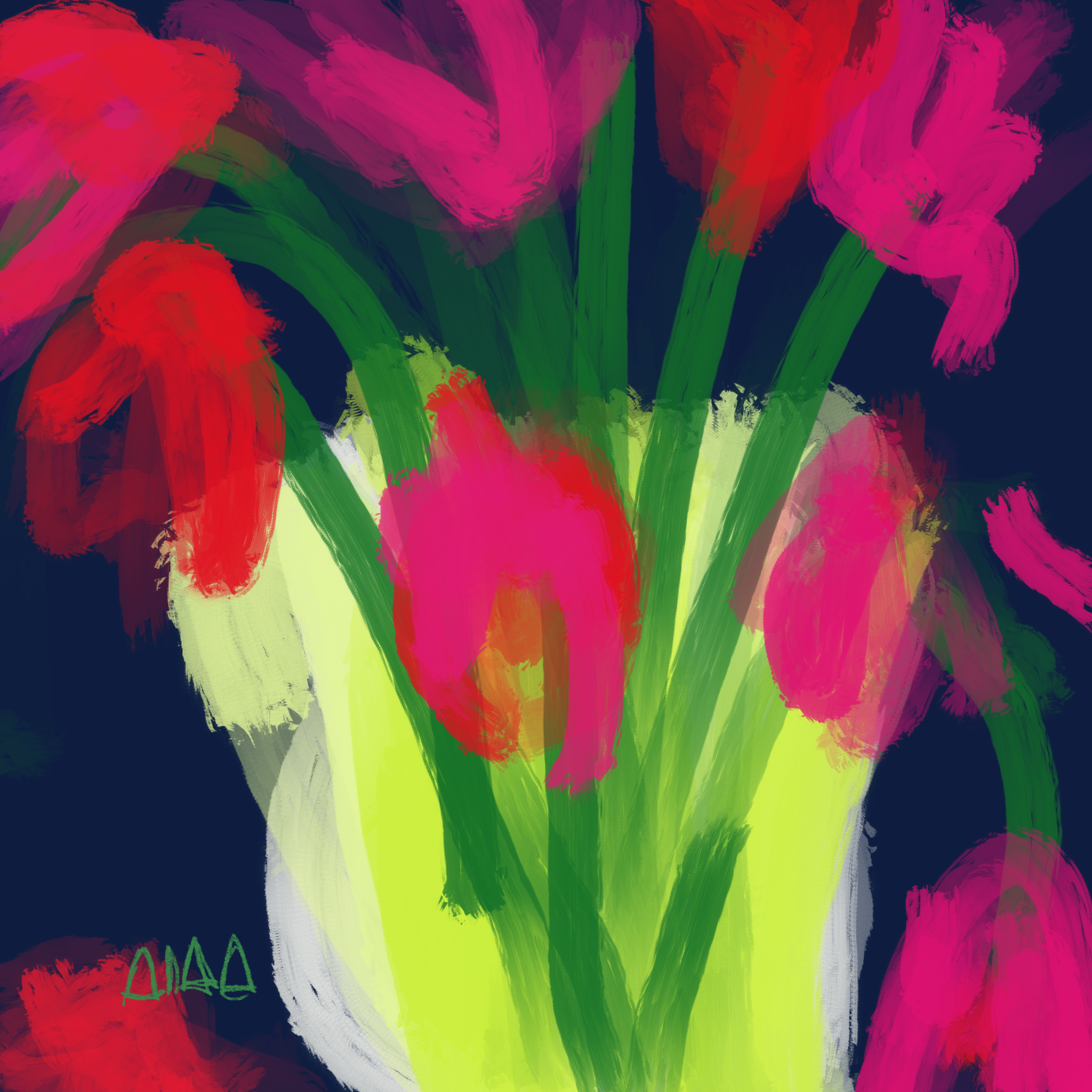 pink tulips in yellow vase
