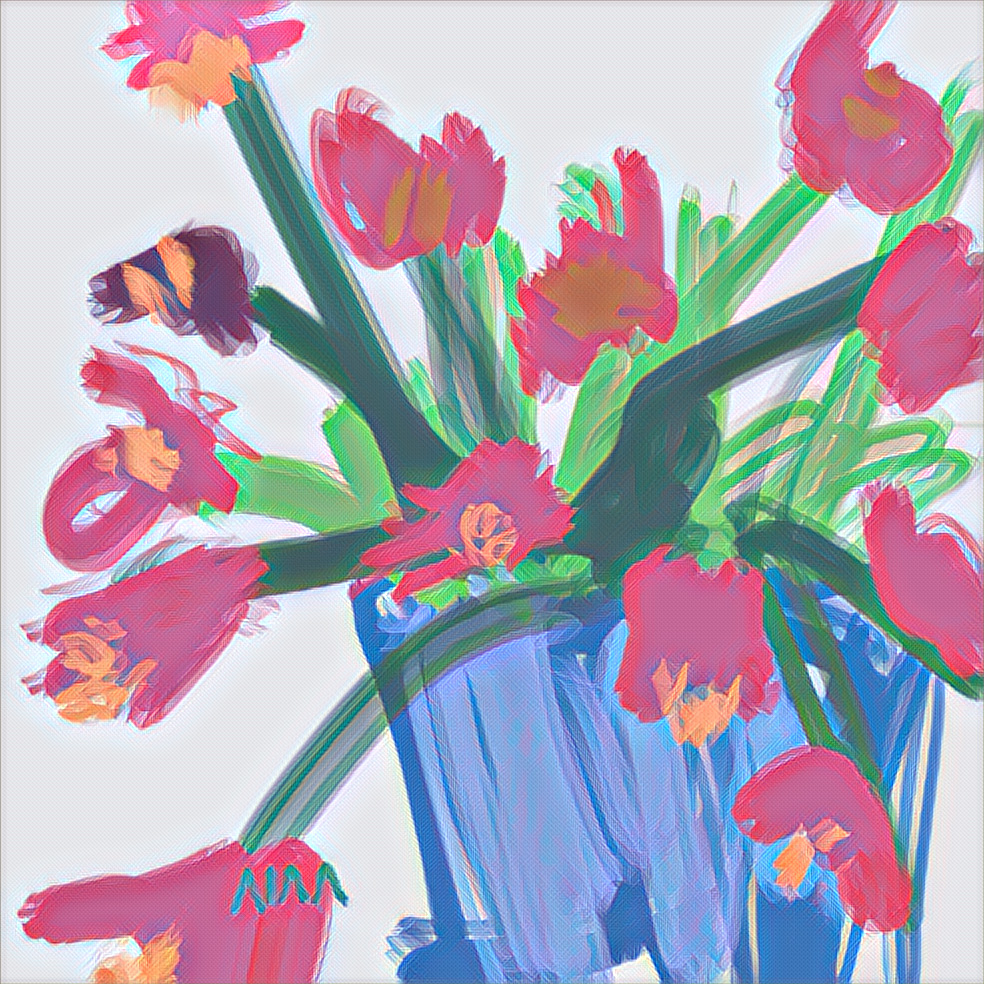 Pink tulips, blue vase